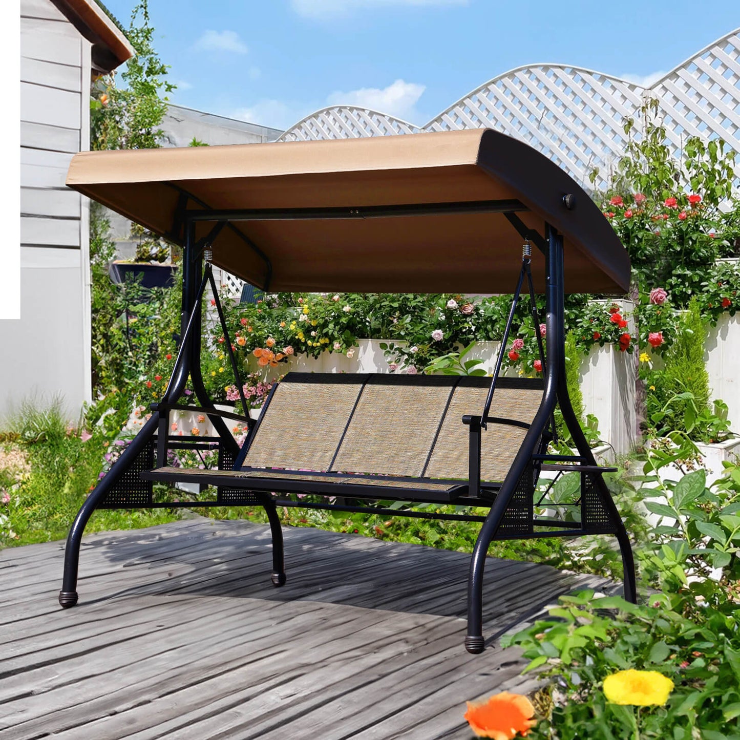 Patio Porch Swings with Adjustable Canopy, 3-Person Textline Seat, 2 Foldable Side Trays, Light Coffee