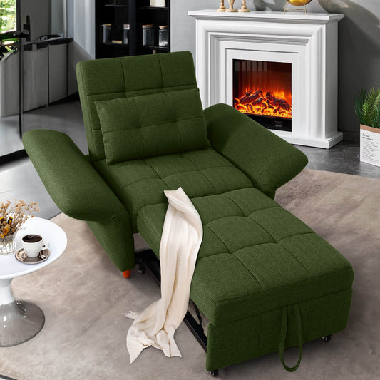 3-in-1 Sleeper Sofa Chair Bed w/ Adjustable Armrests, 3 Level Adjustable Backrest, Wood Legs & Pillow, Moss Green