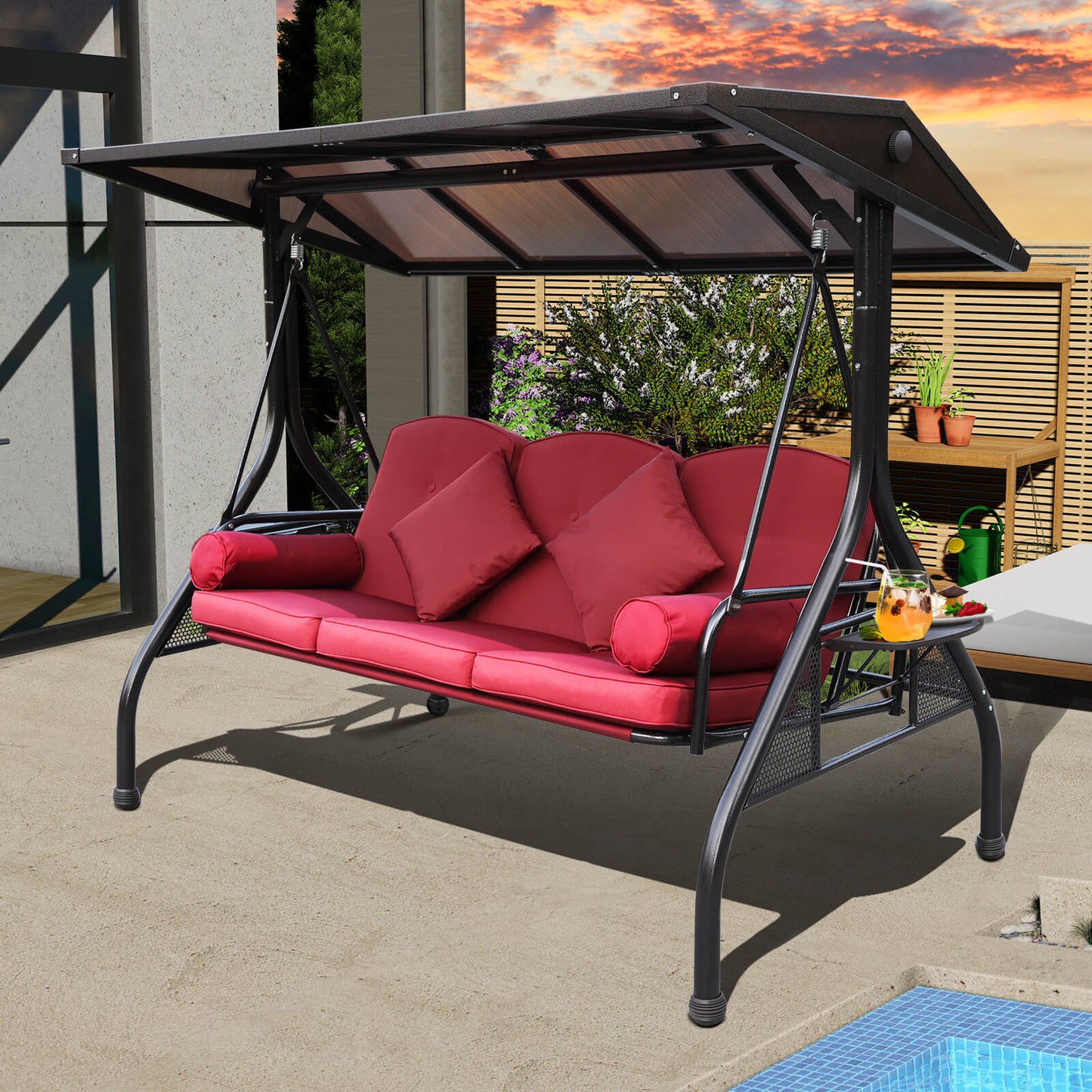 Outdoor Porch Swings with Adjustable PC Canopy, 3 Cushions, 2 Cup Holders & 4 Pillows, Wine Red