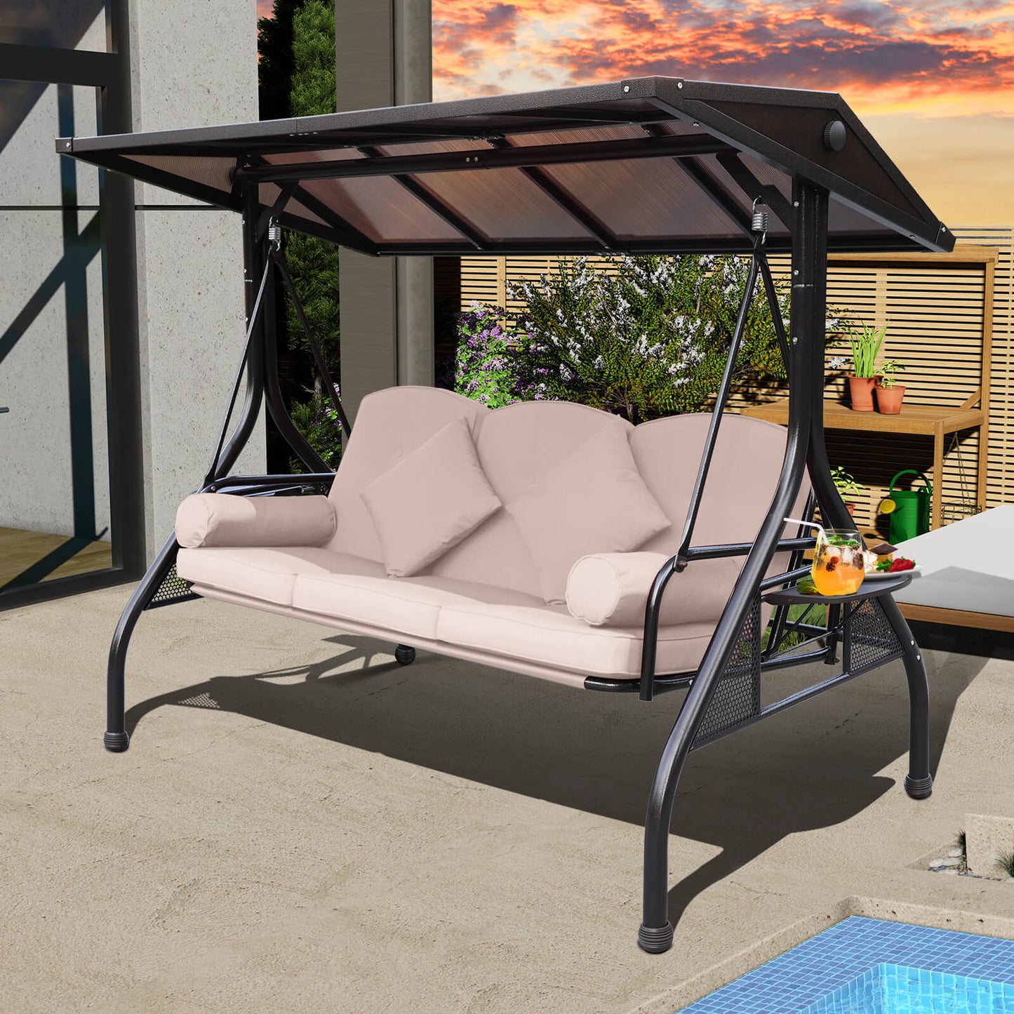 Outdoor Porch Swings with Adjustable PC Canopy, 3 Cushions, 2 Foldable Cup Holders & 4 Pillows, Khaki